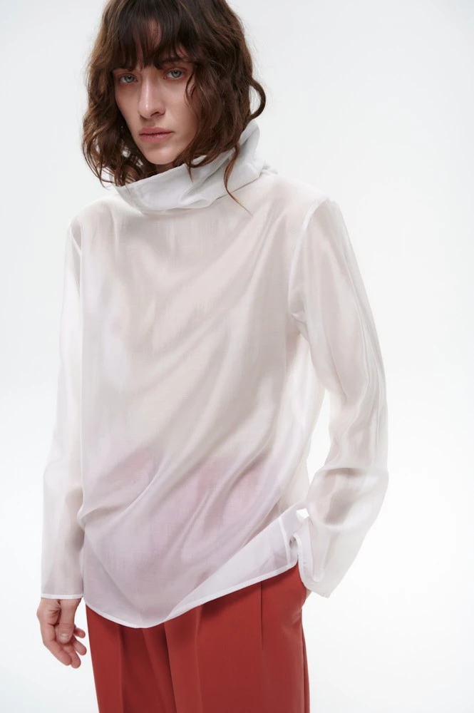 Блуза прозрачная с высоким воротником
