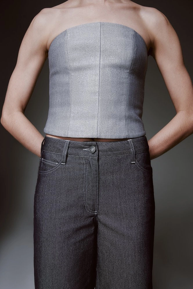 Топ-корсет из денима с металлизированной нитью