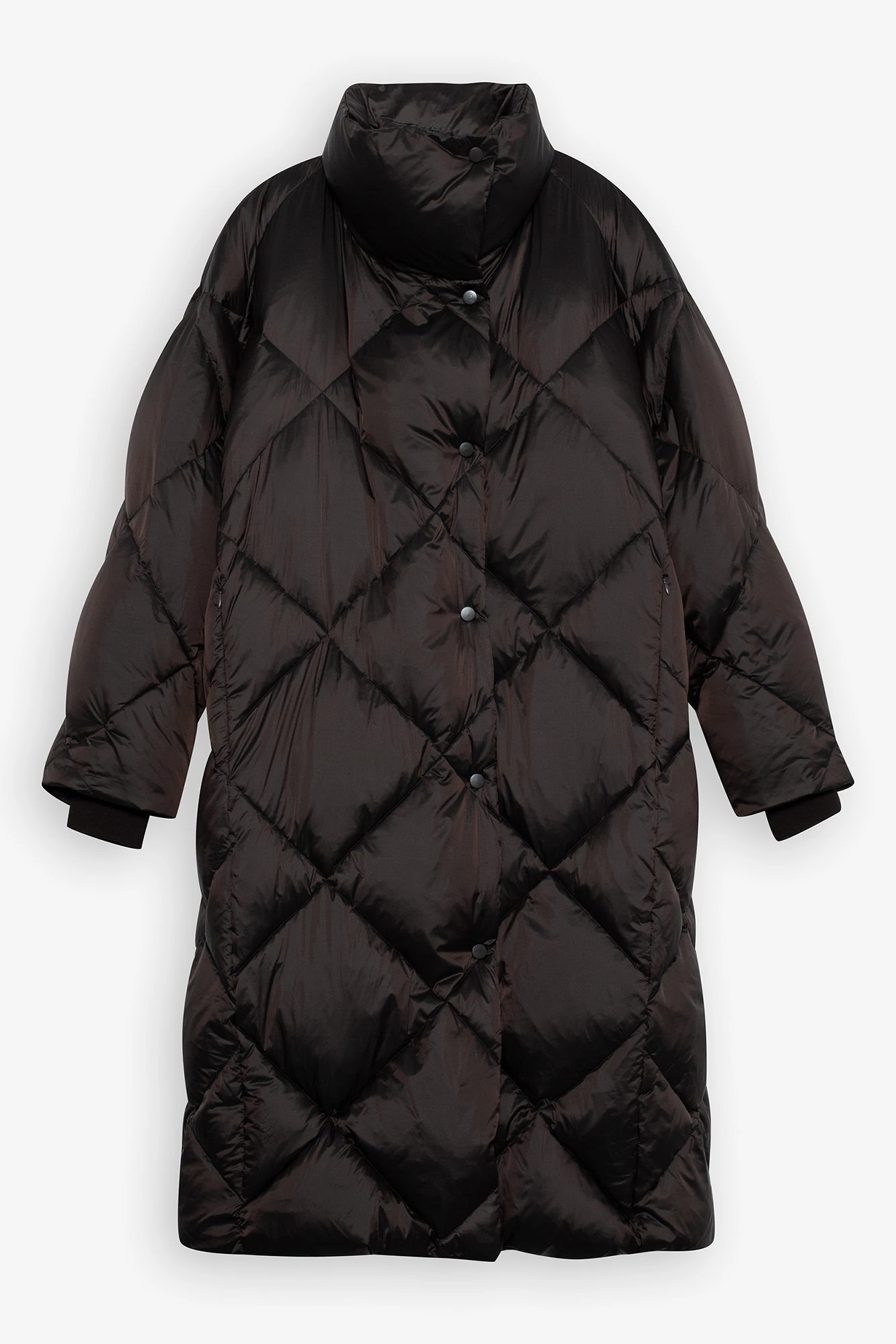 Пуховик миди стеганый с воротником-стойкой