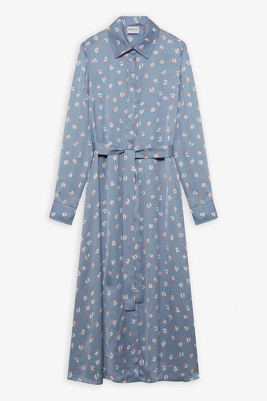 Платье-рубашка миди с поясом (Вискоза струящаяся принт абстракция арт.1626 Голубой/белый/оранжевый 100% вискоза; Размер: M)