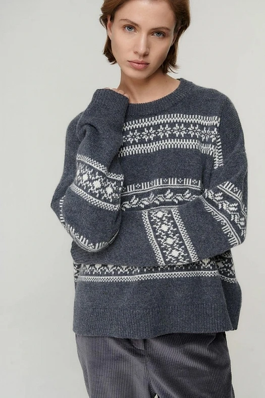 Джемпер из шерсти с орнаментом (100% шерсть Серый меланж; Размер: XS-S)