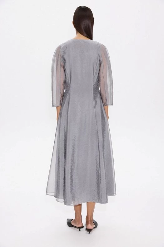 Платье миди приталенного силуэта из органзы (Тенсел прозрачный арт.1866 Серый 50% тенсел, 50% нейлон; Размер: S)