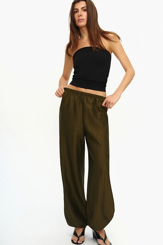 Брюки широкие с кулиской по низу (Ацетат арт.2011 Хаки 86% ацетат, 14% п/э; Размер: L)