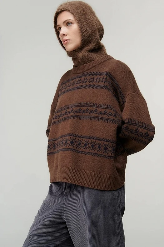 Джемпер из шерсти с орнаментом (100% шерсть Коричневый; Размер: XS-S)