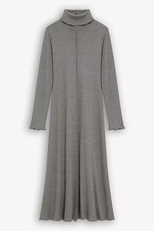 Платье миди с воротником стойка и длинным рукавом (Трикотаж в рубчик арт.1759 Тауп меланж 65% вискоза, 35% п/э; Размер: L)