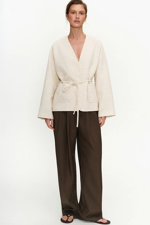 Жакет с поясом из хлопка со льном (Хлопок со льном фактурный арт.1881 Бежевый 60% хлопок, 25% лен, 15% вискоза; Размер: L)