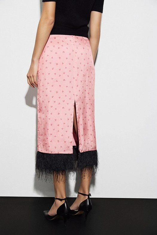 Юбка миди с цветочным принтом и бахромой (Вискоза струящаяся принт цветы арт.1982 Розовый 100% вискоза; Размер: L)