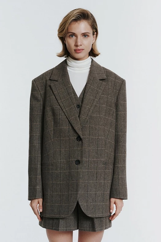 Жакет оверсайз однобортный (Шерсть клетка арт.1583 Тауп 65% шерсть, 35% п/э; Размер: S)