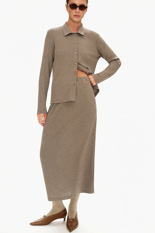 Юбка миди из трикотажа (Трикотаж в рубчик арт.1759 Тауп меланж 65% вискоза, 35% п/э; Размер: L)