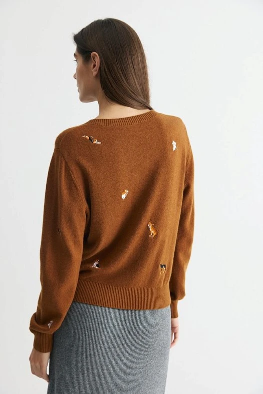 Кардиган тонкий приталенного кроя с вышивкой (50% шерсть, 25% лиоцел, 25% нейлон Кэмел; Размер: XS-S)