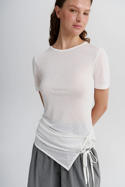 Футболка полупрозрачная с поясом-баской (65% лиоцелл, 35% п/э Молочный; Размер: L)