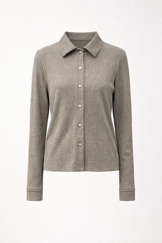 Рубашка из трикотажа (Трикотаж в рубчик арт.1759 Тауп меланж 65% вискоза, 35% п/э; Размер: M)