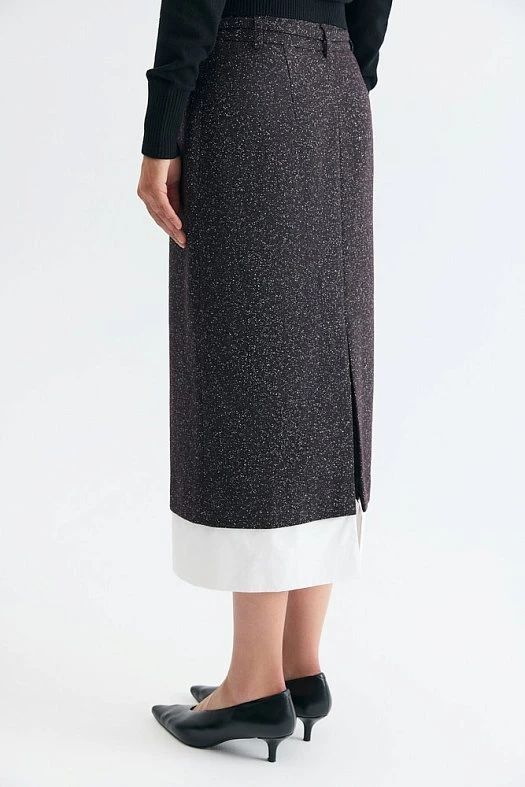 Юбка миди двойная из итальянской фактурной шерсти и хлопка (Шерсть с вкраплениями арт.1945 Бордовый 50% шерсть, 20% хлопок, 30% п/э; Размер: XS)