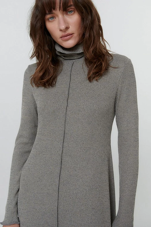 Платье миди с воротником стойка и длинным рукавом (Трикотаж в рубчик арт.1759 Тауп меланж 65% вискоза, 35% п/э; Размер: L)