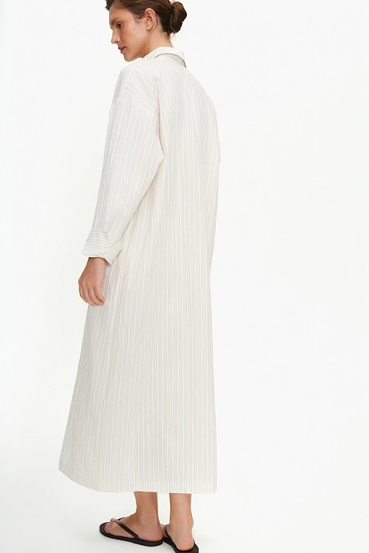 Платье-рубашка макси с тонким поясом из хлопка (Хлопок полоска арт.1885 Сливочный/белый 100% хлопок; Размер: L)