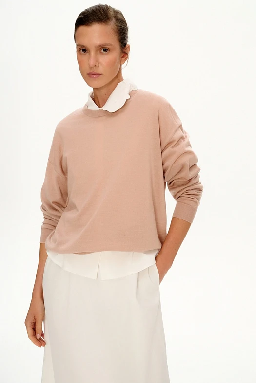 Джемпер тонкий из шерсти (100% шерсть Пудровый; Размер: XS-S)