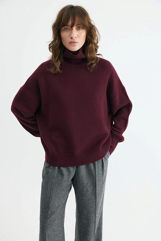 Свитер оверсайз с высоким воротником из шерсти (100% шерсть Бордовый; Размер: XS-S)