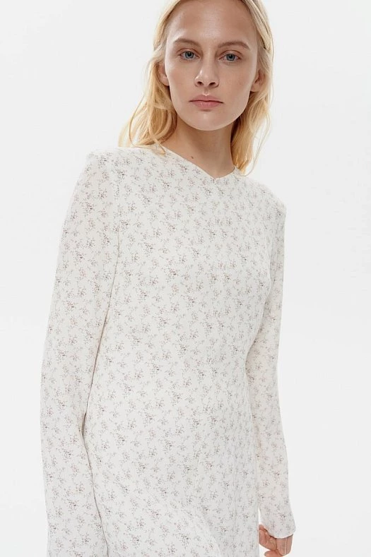 Платье миди с цветочным принтом (Вискоза струящаяся принт цветы прт.1838 Молочный/розовый 100% вискоза; Размер: XXS)