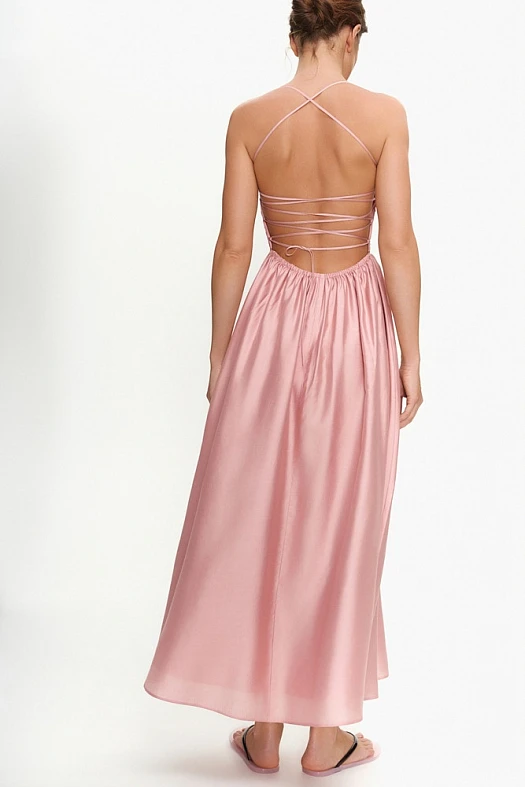 Платье макси с драпировкой и открытой спиной (Тенсел арт.2008 Розовый 90% тенсел, 10% п/э; Размер: L)