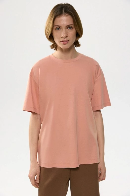 Футболка оверсайз с шёлком (Трикотаж с модалом и шелком арт.1872 Лососевый 65% хлопок, 30% модал, 5% шелк; Размер: M)