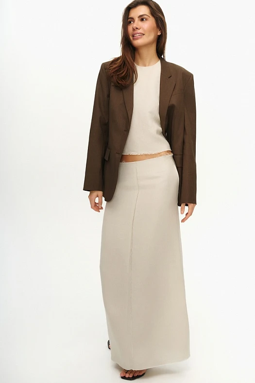 Жакет однобортный из ткани со льном (30% лен, 24% тенсел, 42% п/э, 4% эластан Коричневый; Размер: L)