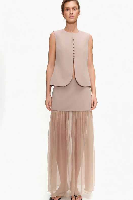 Юбка макси двойная из вискозы крэш (Вискоза стрейч арт.1907 Кофейный 67% вискоза, 28% п/э, 5% эластан; Размер: L)