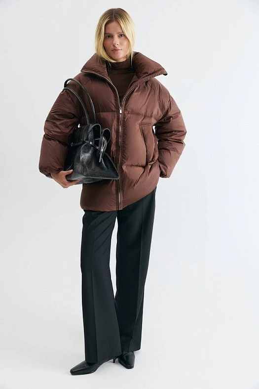 Пуховик укороченный с воротником-стойкой (100% нейлон Коричневый; Размер: XS-S)