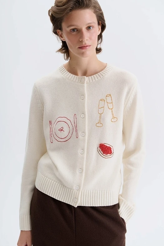 Кардиган из шерсти с вышивкой (50% шерсть, 30% акрил, 20% нейлон Молочный; Размер: L)