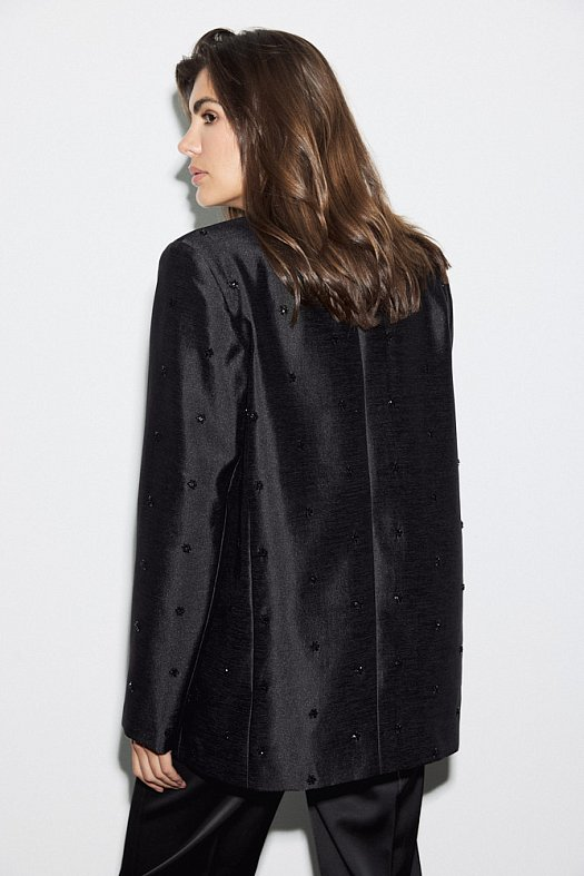 Жакет прямого силуэта с вышивкой бисером (Вискоза шиммер вышивка цветы арт.1977 Черный 66% вискоза, 34% п/э; Размер: L)