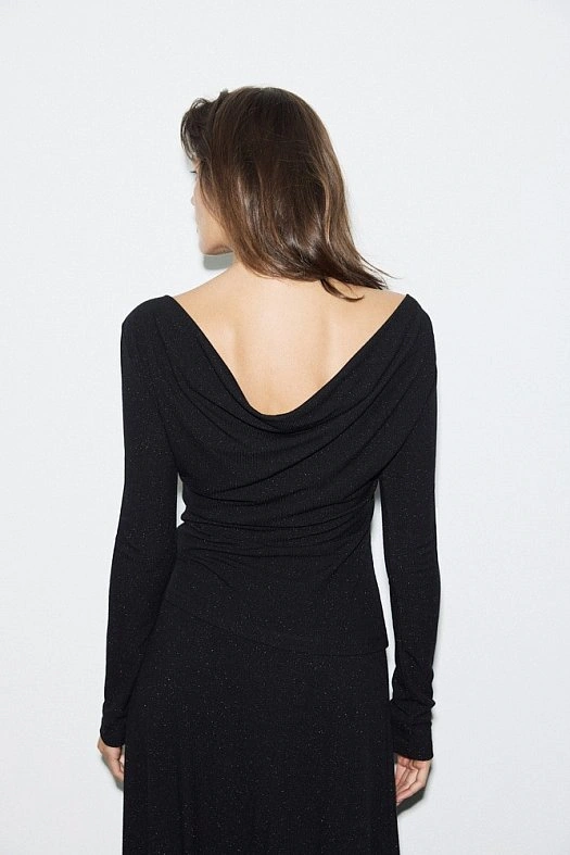 Лонгслив с открытой спиной из трикотажа с люрексом (Трикотаж фактурный с люрексом арт.1964 Черный 74% вискоза, 10% нейлон, 8% эластан, 8% люрекс; Размер: XS)