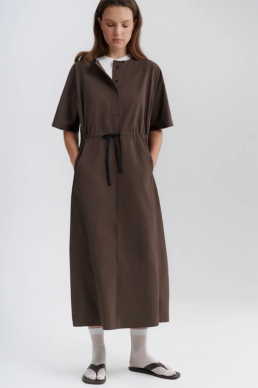 Платье миди с коротким рукавом из хлопка (100% хлопок Коричневый; Размер: XS-S)