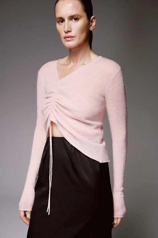 Джемпер-паутинка с кулиской из альпака и мериноса (30% альпака, 30% шерсть, 40% нейлон Розовый; Размер: L)
