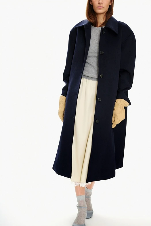 Пальто однобортное с отложным воротником из шерсти (70% шерсть, 30% п/э Темно-синий; Размер: M-L)