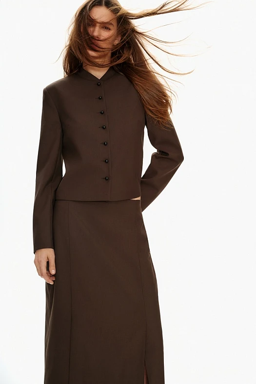 Жакет укороченный в винтажном стиле (Вискоза стрейч арт.1808 Шоколадный 67% вискоза, 28% п/э, 5% эластан; Размер: L)