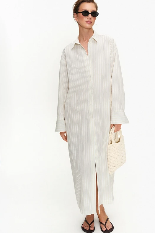Платье-рубашка макси с тонким поясом из хлопка (Хлопок полоска арт.1885 Сливочный/белый 100% хлопок; Размер: L)
