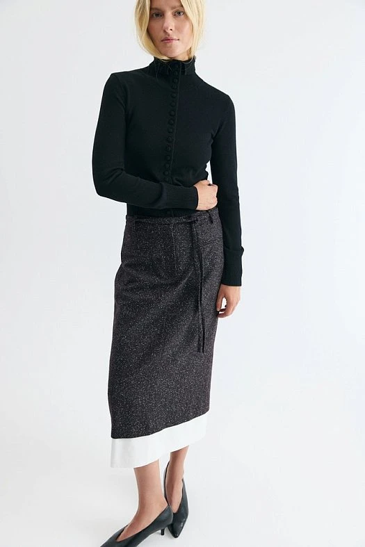 Юбка миди двойная из итальянской фактурной шерсти и хлопка (Шерсть с вкраплениями арт.1945 Бордовый 50% шерсть, 20% хлопок, 30% п/э; Размер: XS)