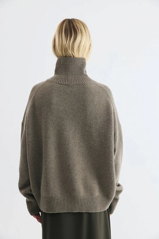 Свитер оверсайз с высоким воротником из шерсти (100% шерсть Кофейный; Размер: XS-S)