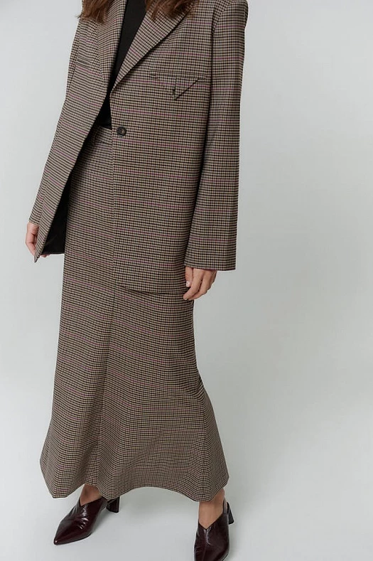 Юбка макси из итальянской костюмной шерсти (Шерсть костюмная клетка арт.1369 Бежевый/фиолетовый 54% шерсть, 42% п/э, 2% вискоза, 2% эластан; Размер: XS)