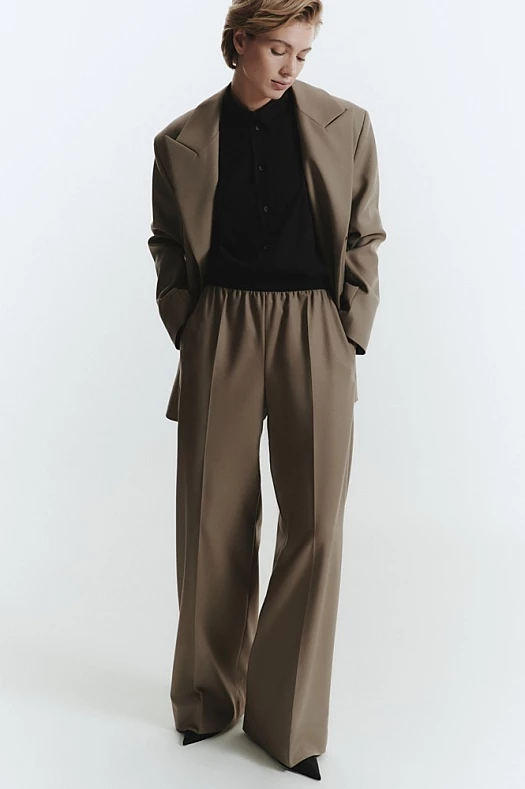 Брюки широкие с эластичным поясом  (Вискоза стрейч арт.1627 Тауп 67% вискоза, 28% п/э, 5% эластан; Размер: S)