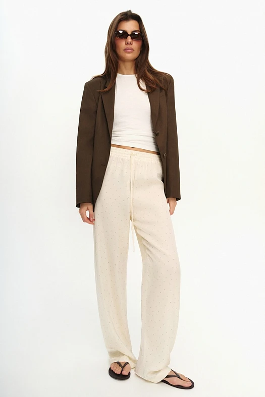 Брюки в пижамном стиле с шелком (Вискоза с шелком принт цветы арт.1902 Молочный 50% вискоза, 30% модал, 15% ацетат, 5% шелк; Размер: L)