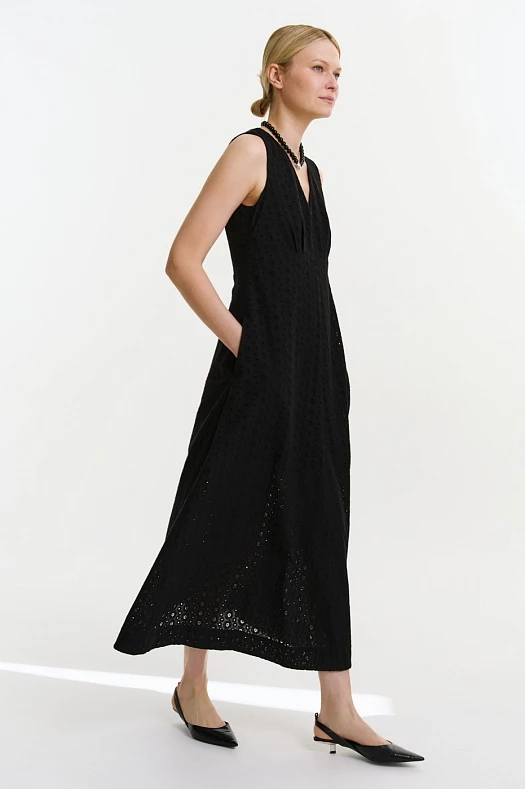 Платье макси из хлопка Broderie Anglaise (Шитье арт.1717 Черный 100% хлопок; Размер: XS)