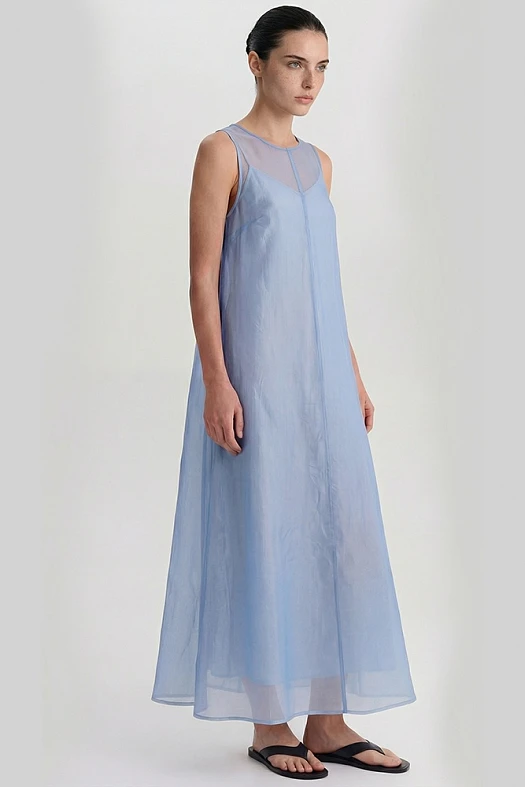 Платье миди А - силуэта из органзы (50% тенсел, 50% нейлон Голубой; Размер: L)