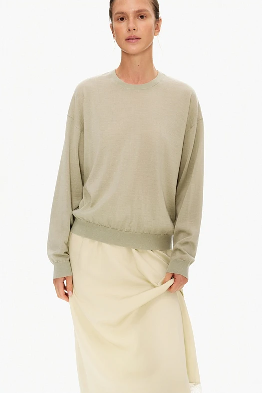 Джемпер тонкий из шерсти (100% шерсть Серо-зеленый; Размер: M-L)