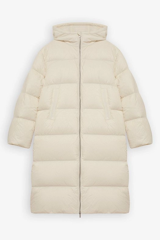Пуховик миди стеганный с капюшоном (Ткань верха: 100% нейлон, Подклад: 100% п/э, Утеплитель: 90% пух, 10% перо Молочный; Размер: M-L)