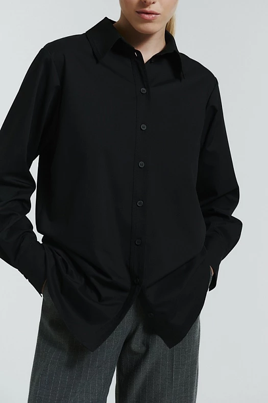 Рубашка прямая с отстрочками (Вискоза бамбук арт.1586 Черный 40% бамбук, 20% хлопок, 37% п/э, 3% эластан; Размер: S)