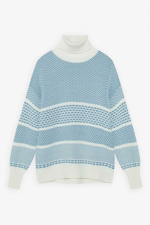 Свитер оверсайз с орнаментом (50% шерсть, 50% акрил Голубой/белый; Размер: XS-S)