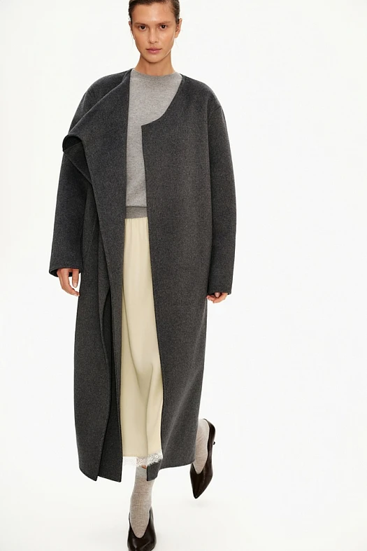 Пальто с шарфом из шерсти (70% шерсть, 30% п/э Серый; Размер: M-L)