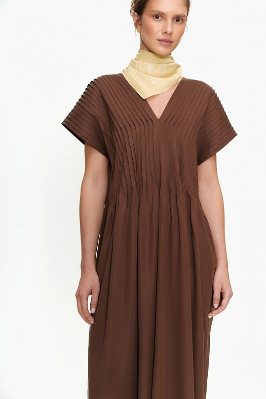 Платье макси свободного кроя с V-образным вырезом (100% тенсел Коричневый; Размер: M-L)