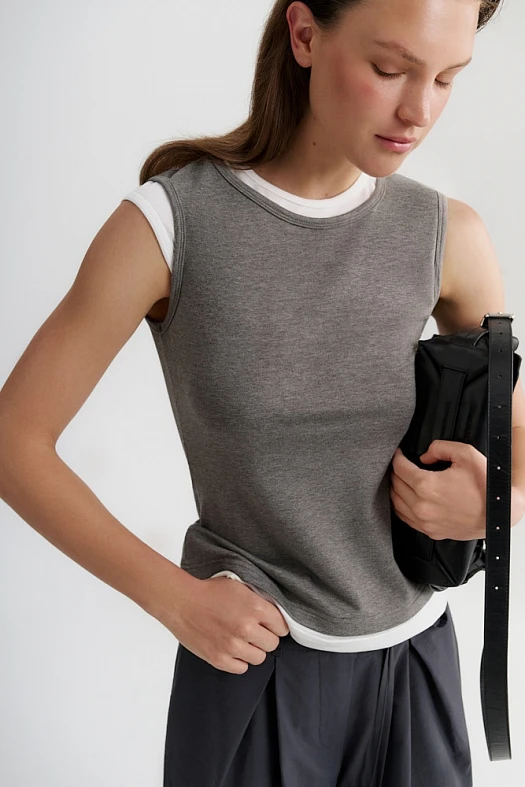 Футболка двойная из трикотажа (Трикотаж тонкий арт.2004 Серый 30% ацетат, 28% хлопок, 37% п/э, 5% эластан; Размер: L)