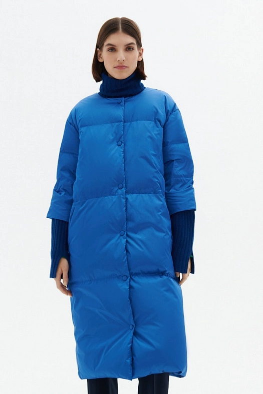 Пуховик с укороченным рукавом и трикотажными деталями (100% п/э Синий, наполнитель - 90% пух, 10% перо белой утки; Размер: XS-S)